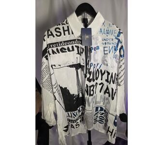 Ellazhu  White Newspaper Graffiti Print Button Down Shirt Eiffel Tower NWT